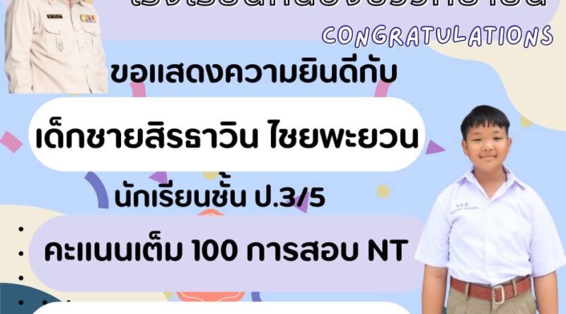 ขอแสดงความชื่นชมยินดีกับนักเรียน ที่สอบ NT ได้  100 คะแนนเต็ม  ทั้ง 2 ด้าน ด้านคณิตศาสตร์และด้านภาษาไทย